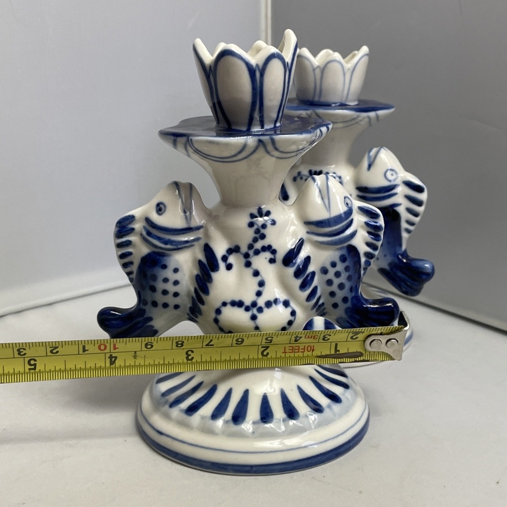 Gzhel Porcelain Russian Candlestick Hand Painted Blue & White Fish Theme Vintage - Picture 11 of 13